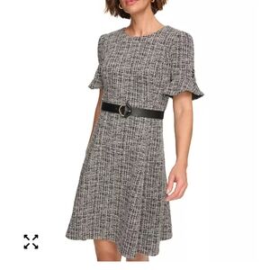 DKNY Black and White Tweed Midi Dress